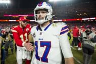 Josh Allen of the Buffalo Bills stands on the field after the AFC Championship game against the Kansas City Chiefs - Source: Getty